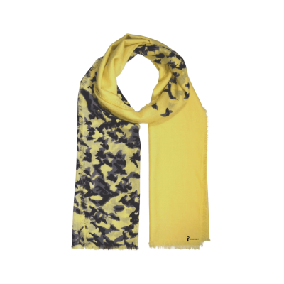 Gelber Schal aus leichter Lammwolle mit schwarzen Tintenmuster Schwalbe